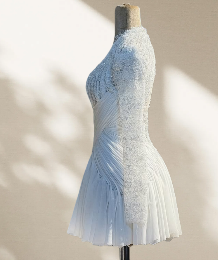 Fresh V Neck A-Line Backless Birthday Gowns Long Sleeve Sequins White Homecoming Dress AP6072