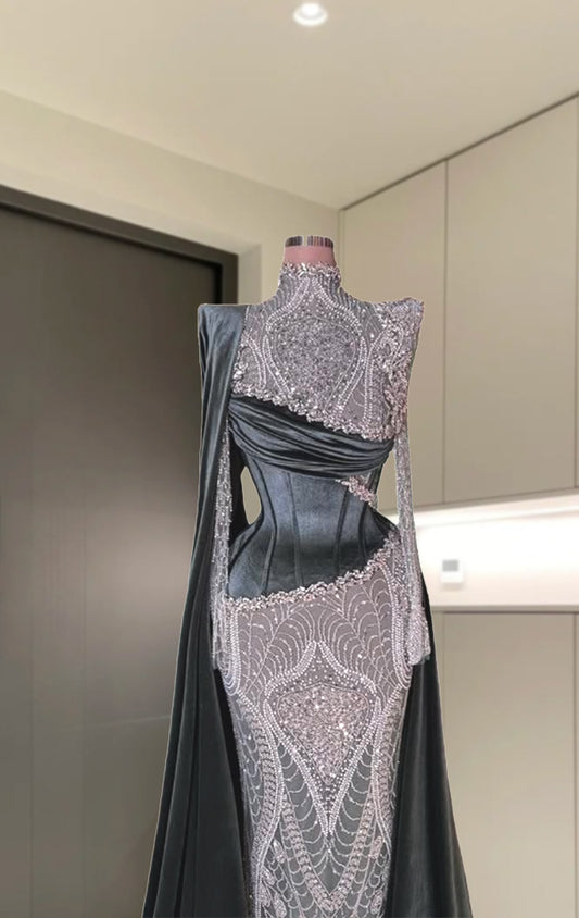 Victorian-Inspired Long Sleeve High Collar Evening Mermaid Dress Beading Sequins Prom Dress AP6075