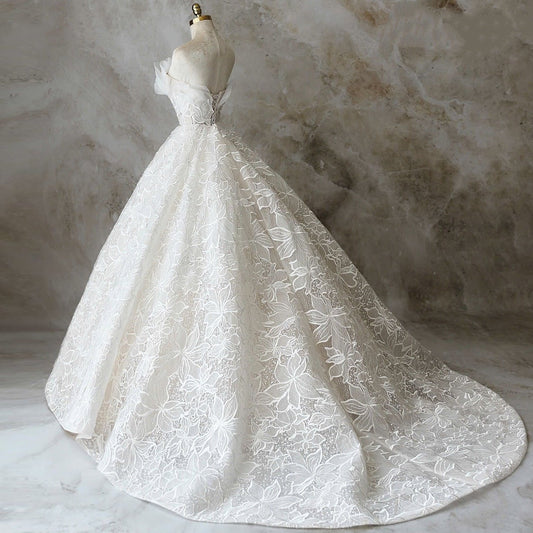 Sleek Strapless A-Line Bridal Gowns Appliques White Ruffles Wedding Dress AP6076