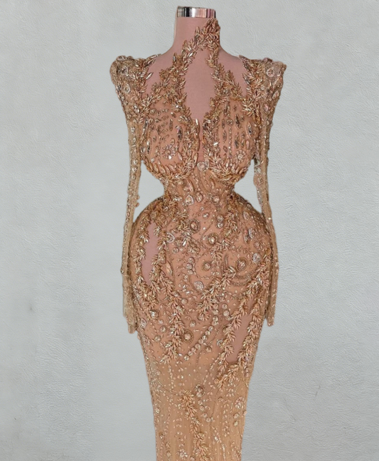 Graceful Long Sleeve Sheath Cutout High Collar Evening Dress Beading Crystals Prom Dress AP6086
