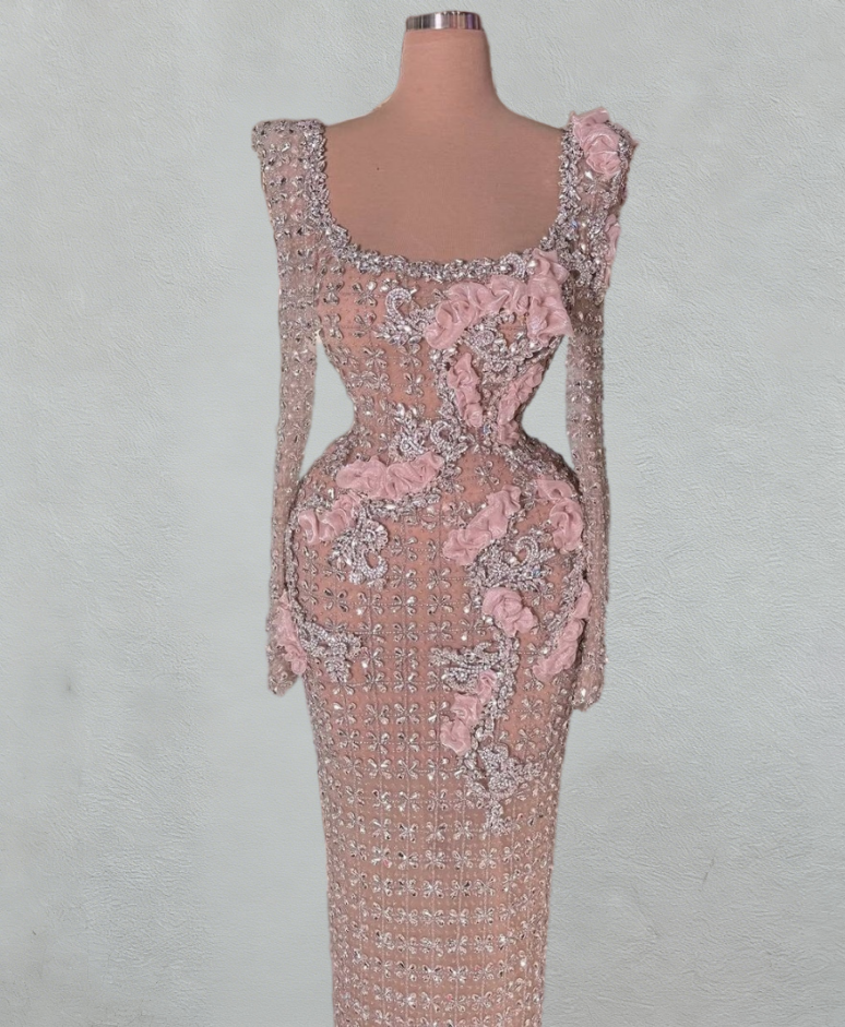 Classical Long Sleeve Sheath Square Neck Evening Dress Crystals Beaded Prom Dress AP6088