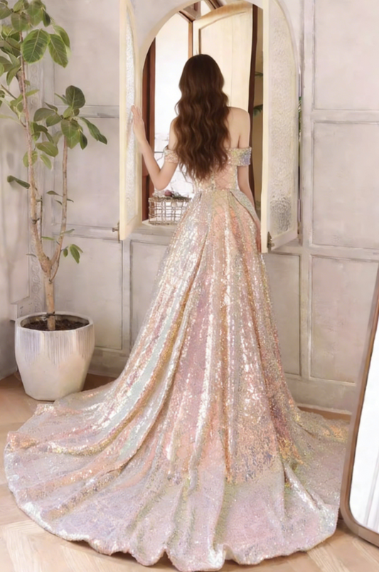 Sweet A-Line Off-Shoulder Long Evening Dress Glittering Sequins Prom Dress AP6090