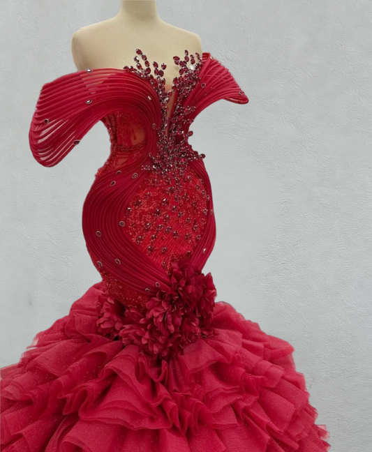 Cute Off Shoulder Red Ruffles Mermaid Evening Dresses Beading Rhinestones Prom Dress AP6091