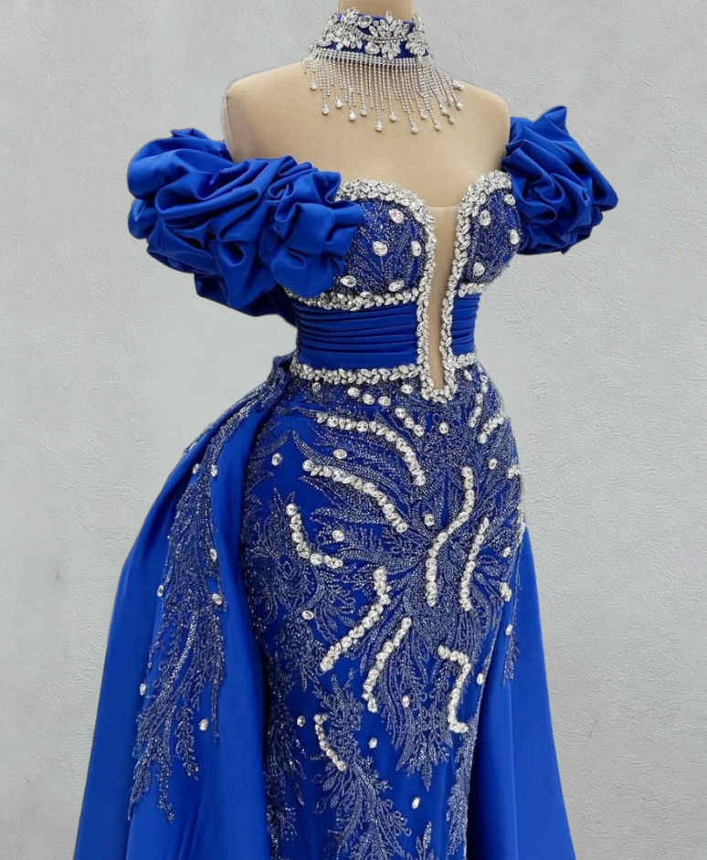 Artistic Off Shoulder Ruffles Mermaid Evening Dresses Crystals Sequins Prom Dress AP6093