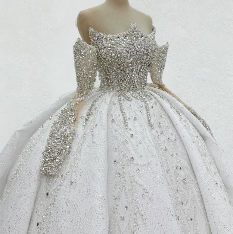 Dreamy A-Line Off-Shoulder Bridal Gowns Beading Crystals Long Sleeve Wedding Dress AP6094
