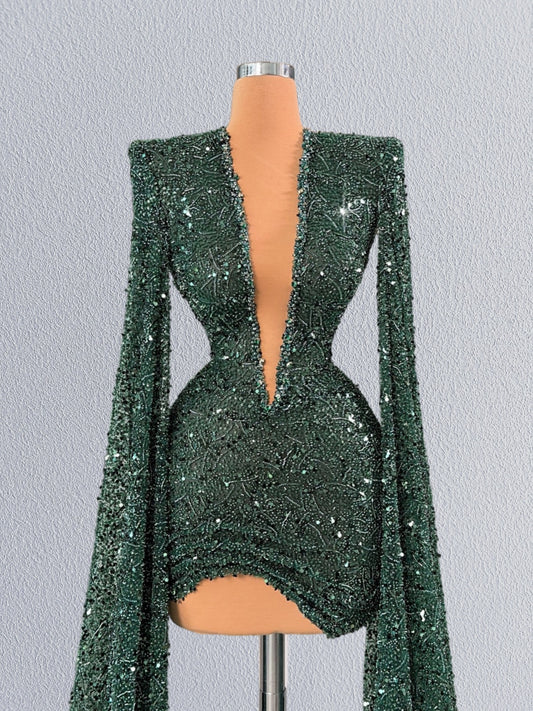 Gorgeous Deep V Neck Bodycon Birthday Dresses Sequins Long Sleeve Homecoming Dress AP6098