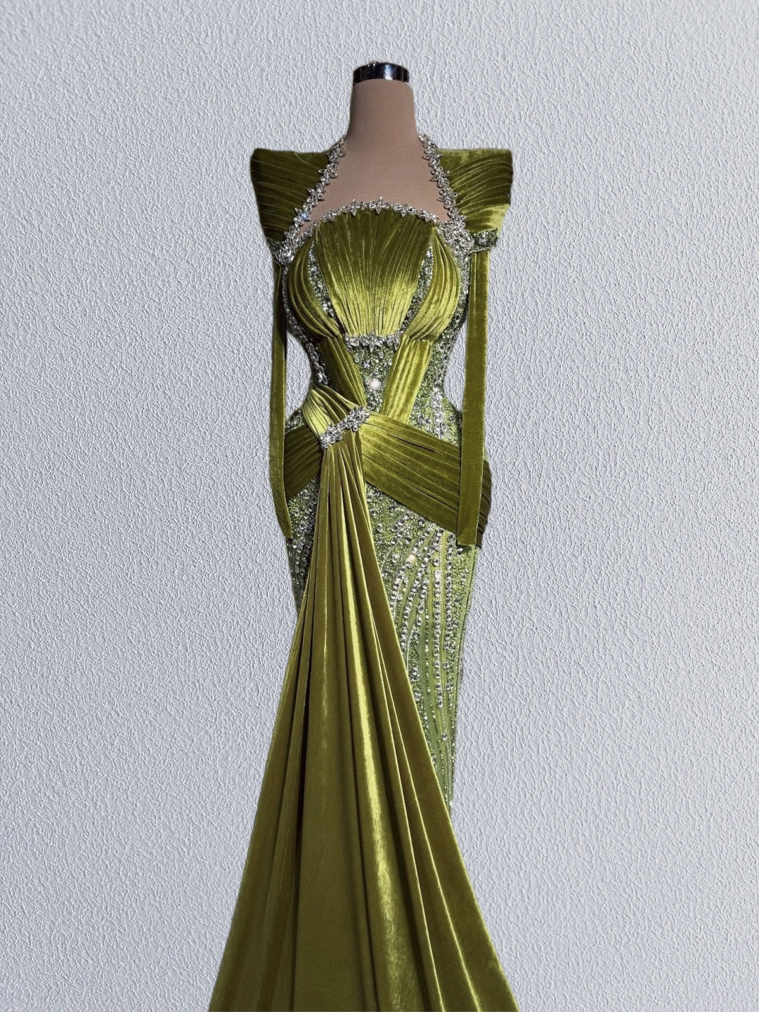 Dramatic Sheath Long Sleeve Square Neck Evening Dress Beading Crystals Velvet Sash Prom Dress AP6101