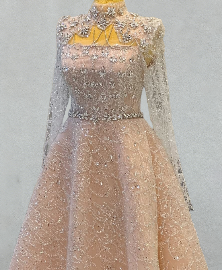 Vibrant High Collar Cutout A-Line Sweet 16th Dresses Beading Crystals Sheer Long Sleeve Prom Dress AP6105