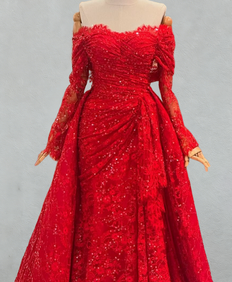 Charming Off-Shoulder A-Line Sweet 16th Dresses Lace Long Sleeve Lace Sequins Prom Dress AP6108