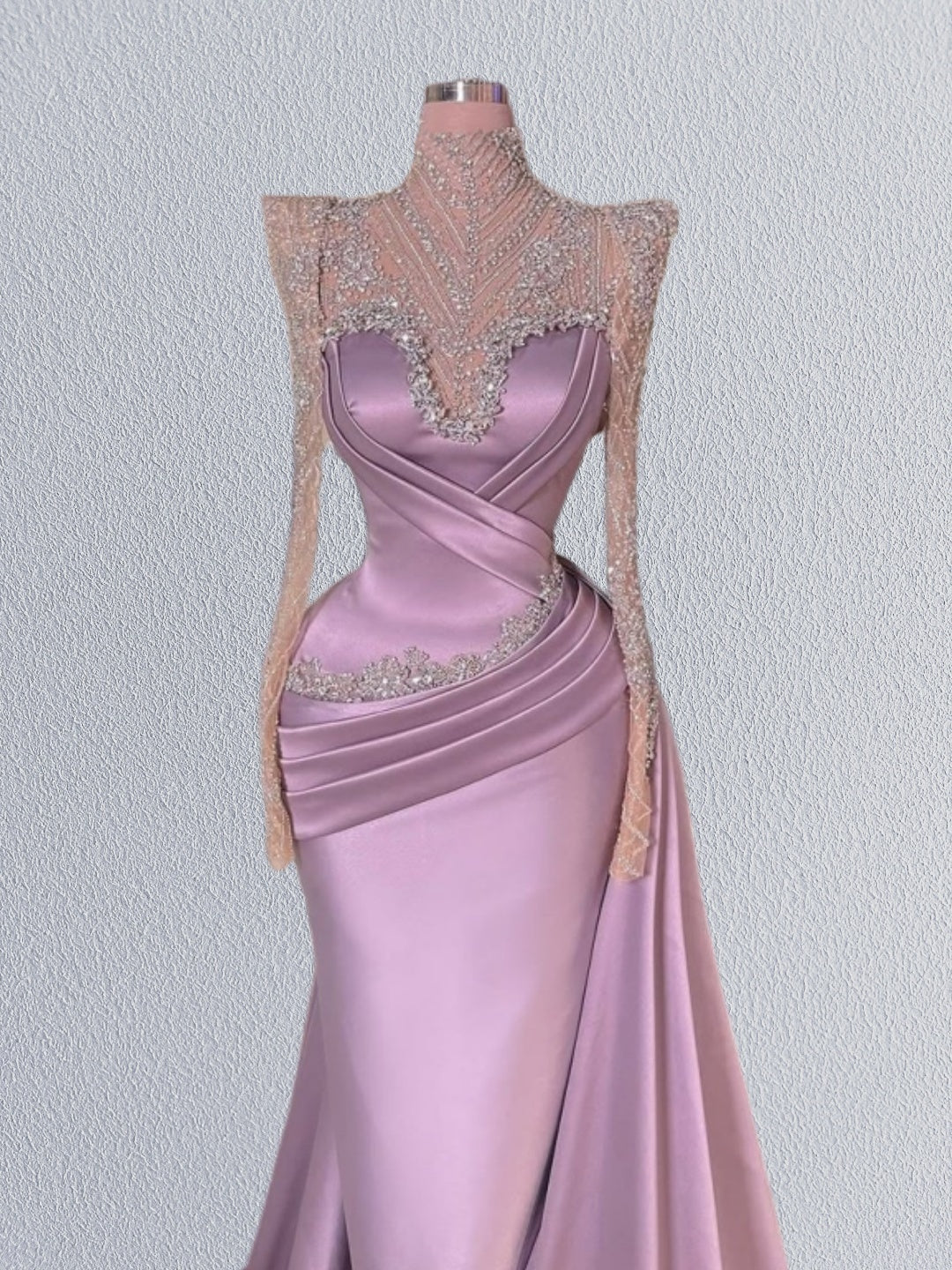 Fitted High Collar Sheath Evening Dress Long Sleeve Beading Pleated Satin Prom Dress AP6119