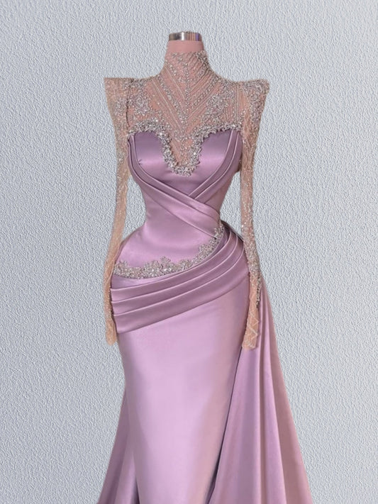 Fitted High Collar Sheath Evening Dress Long Sleeve Beading Pleated Satin Prom Dress AP6119