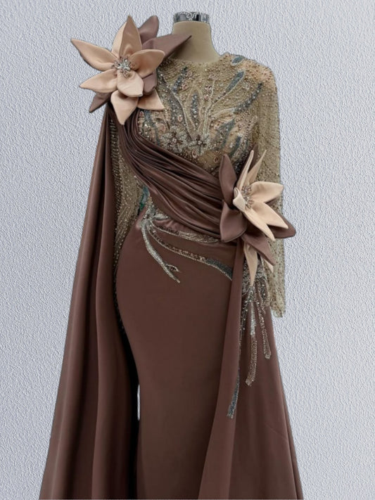 Flattering Jewel Neck Sheath Evening Dress Long Sleeve Handmade Flowers Beading Prom Dress AP6120