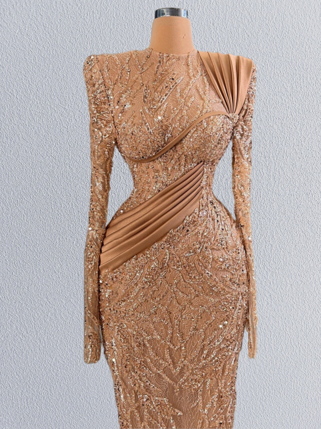Trendy Sheath Jewel Neck Evening Dress Long Sleeve Sequins Lace Pleated Prom Dress AP6121