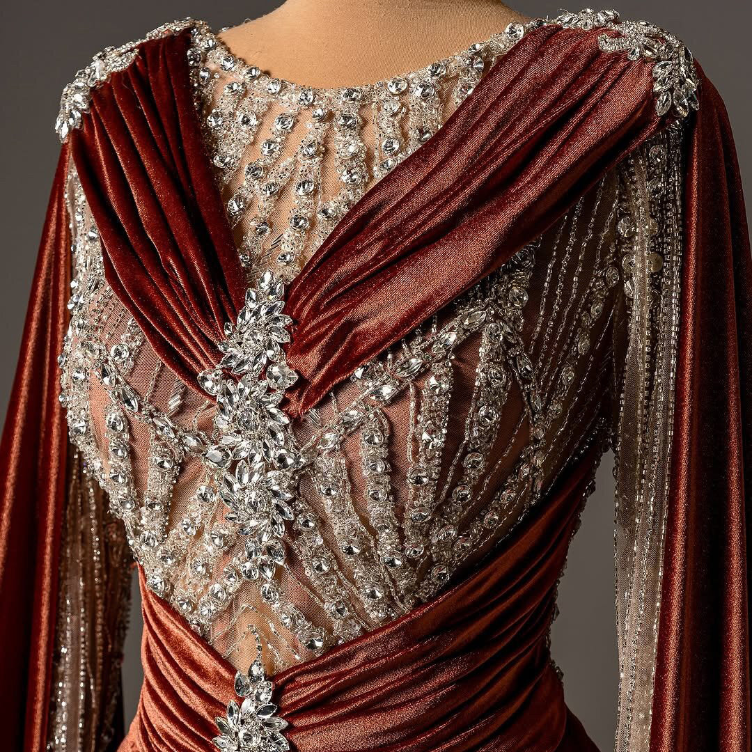 Modern Jewel Neck Sheath Evening Dress Beading Long Sleeve Crystals Prom Dress AP6126