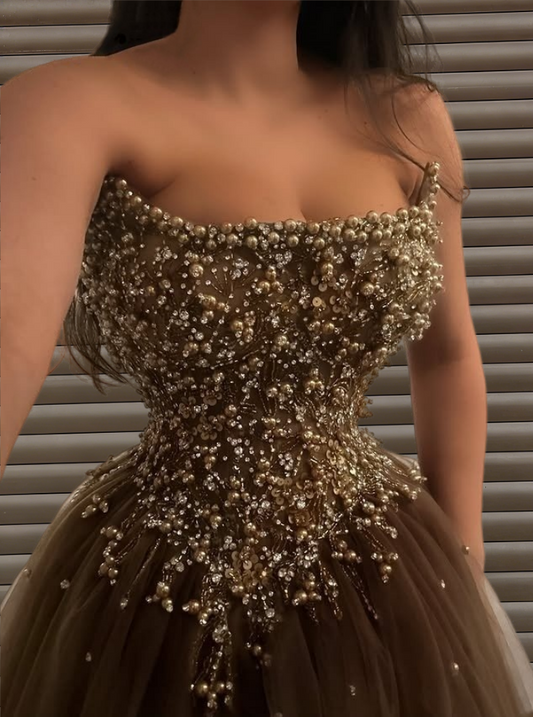 Refined Strapless A-Line Sweet 16th Gowns Beading Sequins Layered Tulle Prom Dress AP6143