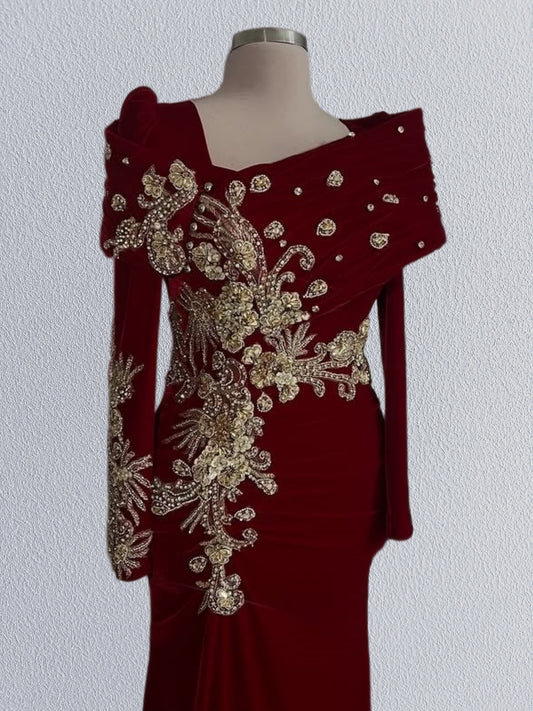 Superb Sheath Asymmetric Neck Evening Dress Long Sleeve Appliques Beading Prom Dress AP6146