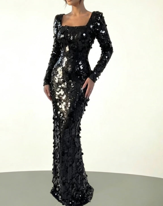 Amazing Sheath Square Neck Evening Dress Long Sleeve Sequins Black Prom Dress AP6148