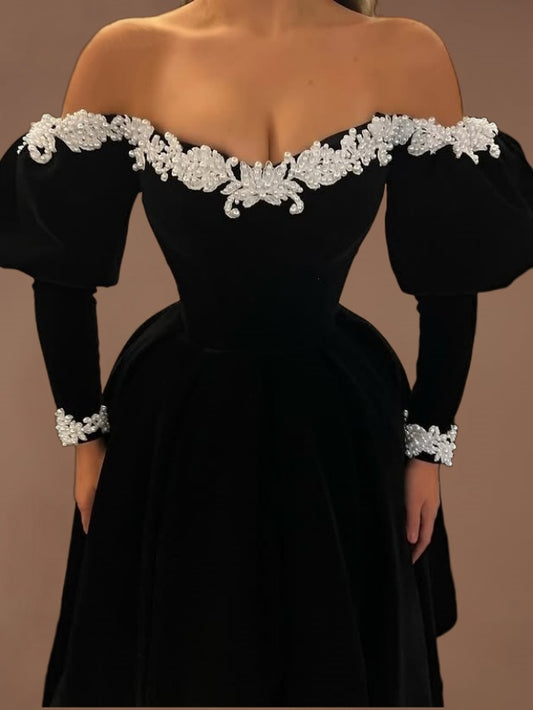 Fascinating Off-Shoulder A-Line Sweet 16th Dresses Black Long Sleeve Appliques Pearls Prom Dress AP6151