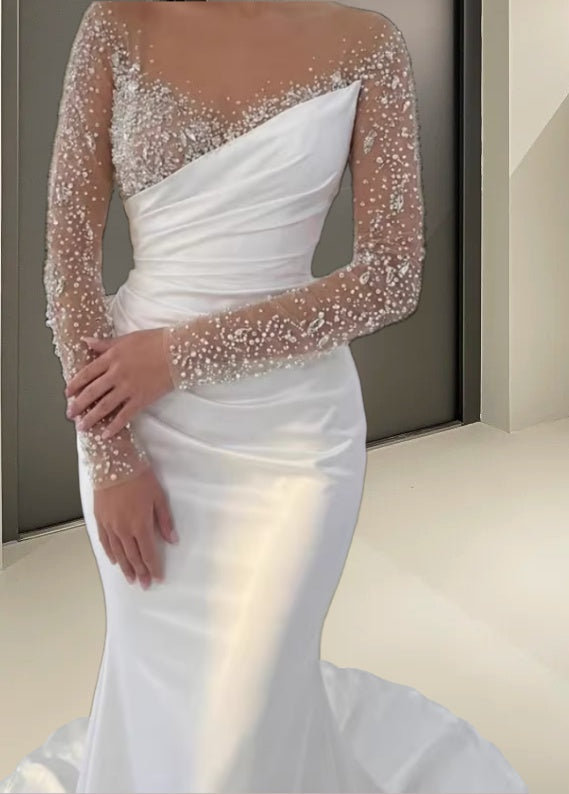 Splendid Illusion Neck Mermaid Bridal Gowns Long Sleeve Beading Wedding Dress AP6152
