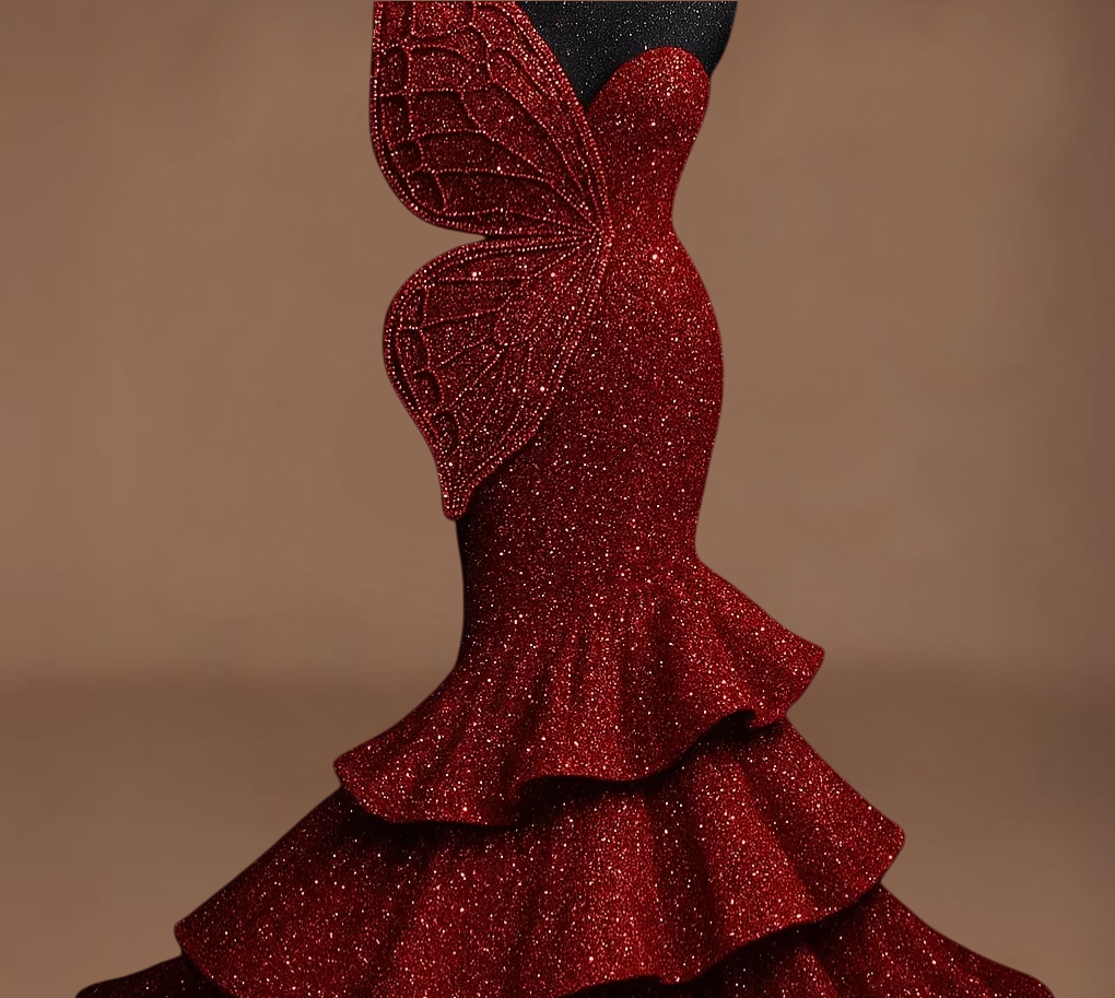 Voluminous Strapless Evening Mermaid Dress Sequins Red Tiered Prom Dress AP6159