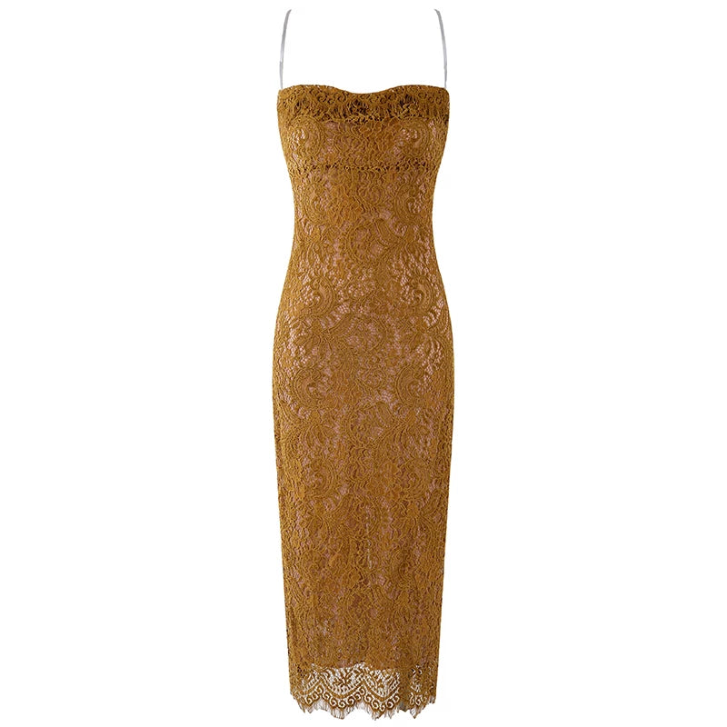 Ornate Mustard Yellow Lace Thin Spaghetti Strap Maxi Dress Sexy Floral Detailing Silhouette Scalloped Hem Sheath Long Dress AP6166