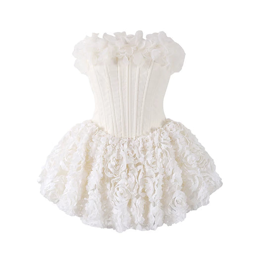 Fabulous 3D Rosette Embellished Strapless Corset Mini Skirt Chic Blush Pink Ruffled Detail Dramatic Rose Covered A-Line Short Dress AP6167