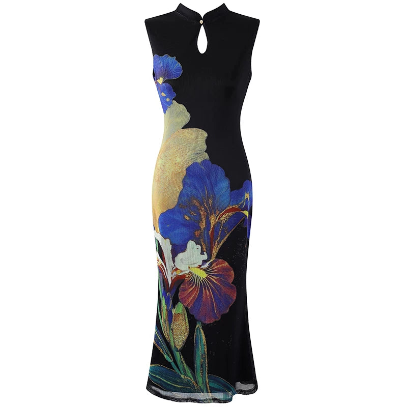 Luxury Stand Collar Keyhole Neckline Sleeveless Maxi Dresses Chic Black Iris Floral Print Sheath Long Dress AP6170