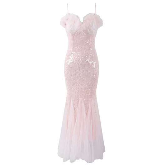 Elegant Spaghetti Strap Feather Bust Accent Sequin Maxi Skirt Glamorous Sweetheart Neckline Tulle Godet Hem Mermaid Long Dress AP6171