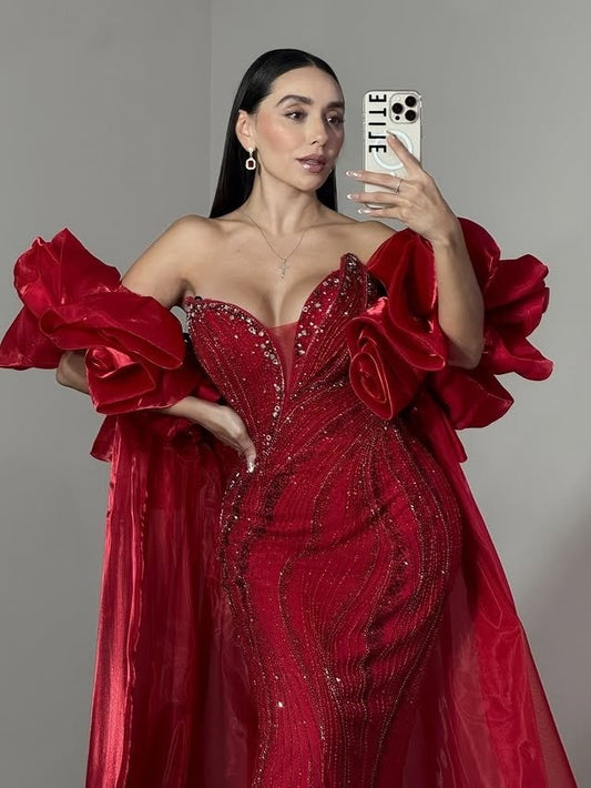 Classical Red Strapless Evening Mermaid Dress Sequins Crystals Prom Dress AP6173