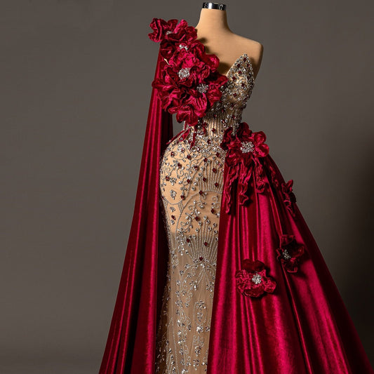 Vintage One Shoulder Sheath Evening Gowns Handmade Flowers Rhinestone Prom Dress AP6176