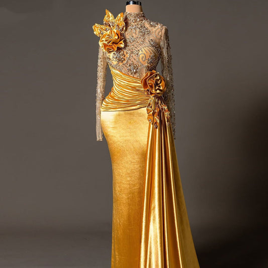 Sheen High Collar Sheath Evening Dress Rhinestones Handmade Flowers Long Sleeve Prom Dress AP6180
