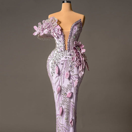 Glam Sheath Strapless Handmade Flowers Sweet 16th Dresses Crystals Beading Prom Dress AP6183