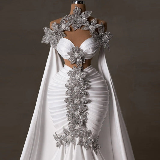 Stunning Cutout Halter Neck Bridal Mermaid Dress Pleated Satin Floral Rhinestones Wedding Dress AP6185