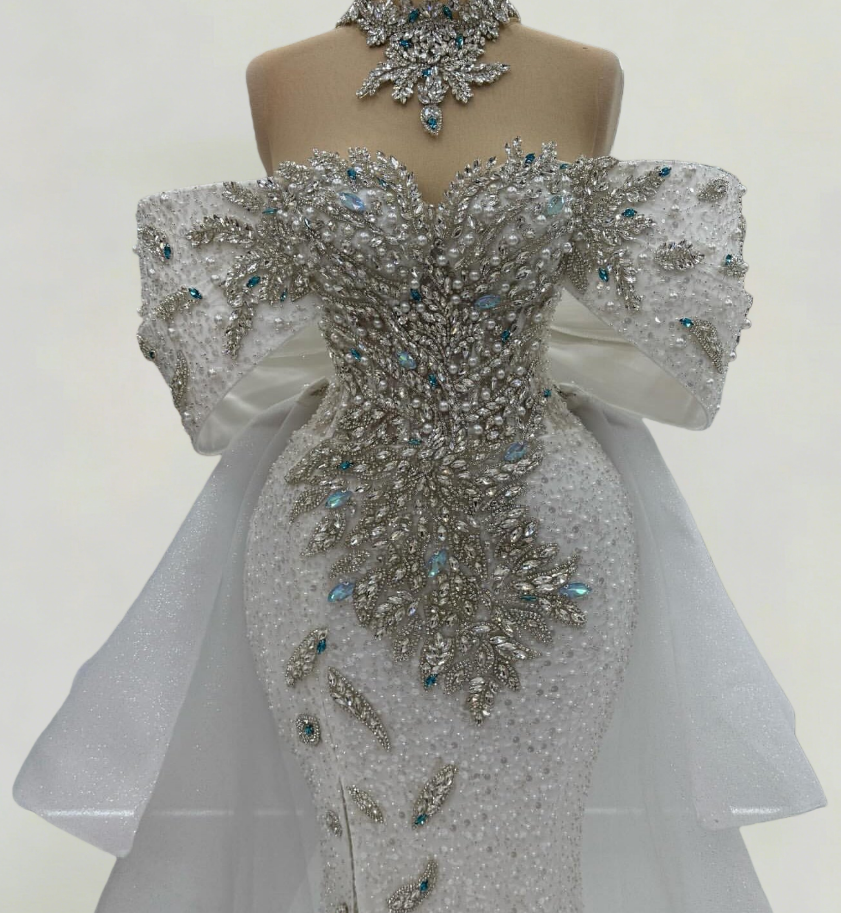 Charming Off-Shoulder Bridal Mermaid Dress With Bow Train Beading Rhinestones Wedding Dress AP6191