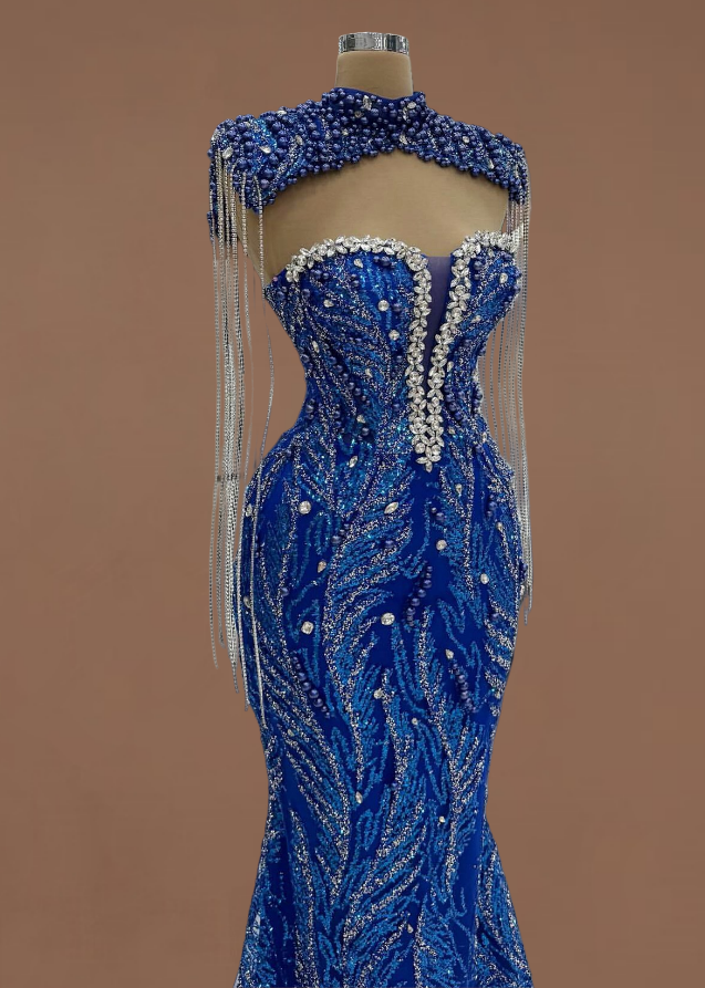 Dopamine Style High Collar Cutout Mermaid Evening Dresses Sequins Tassel Rhinestones Prom Dress AP6193