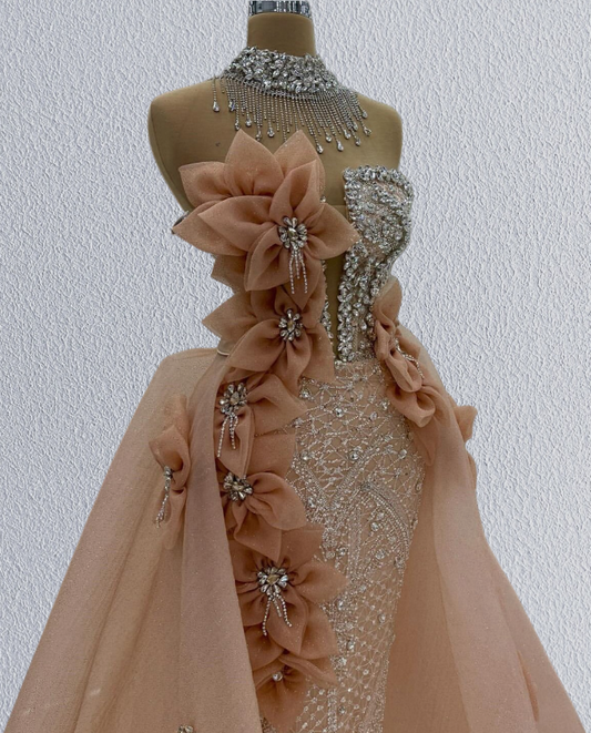 Playful Strapless A-Line Evening Dresses Handmade Flowers Beading Rhinestones Prom Dress AP6196