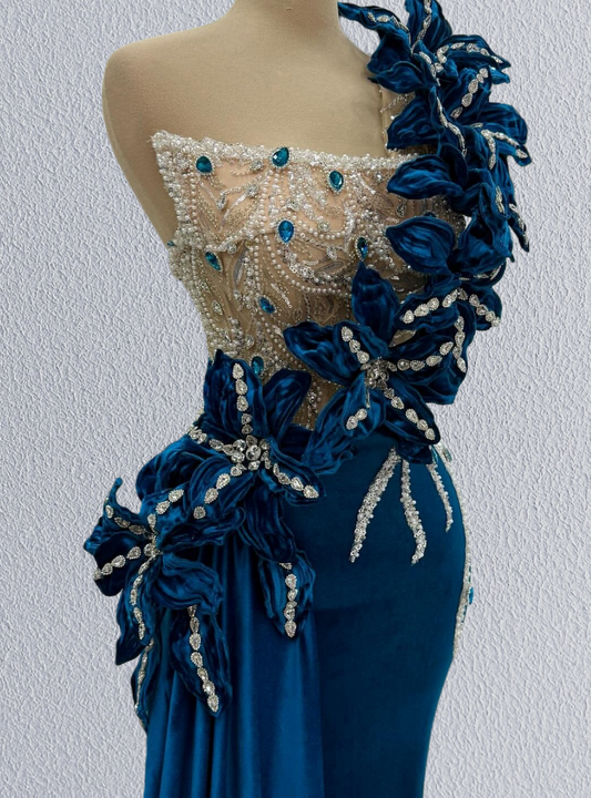 Bling One Shoulder Mermaid Evening Dresses Beading Handmade Flowers Rhinestones Prom Dress AP6197