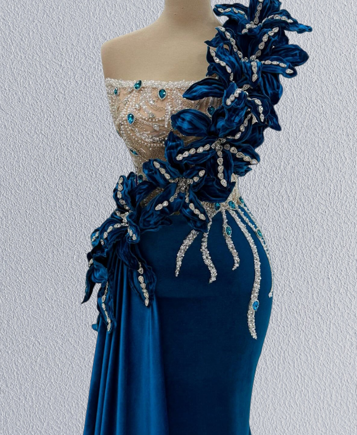 Bling One Shoulder Mermaid Evening Dresses Beading Handmade Flowers Rhinestones Prom Dress AP6197