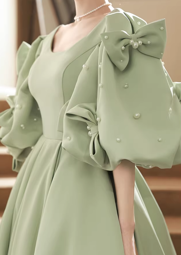 Flowy Jewel Neck A-Line Sweet 16th Gowns Short Sleeve Bows Pearls Prom Dress AP6198
