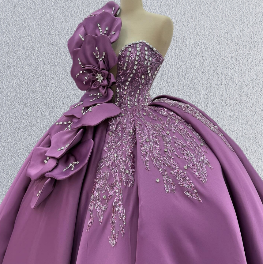 Modern A-Line One Shoulder Sweet 16th Gowns Crystals Handmade Flowers Sequins Prom Dress AP6207