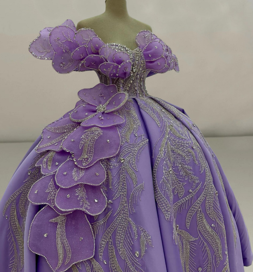 Maximalism A-Line Off-Shoulder Purple Sweet 16th Gowns Rhinestones Appliques Sequins Prom Dress AP6210