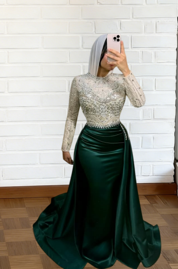 Gen Z Style Jewel Neck Sheath Evening Dress Beading Long Sleeve Satin Prom Dress AP6214