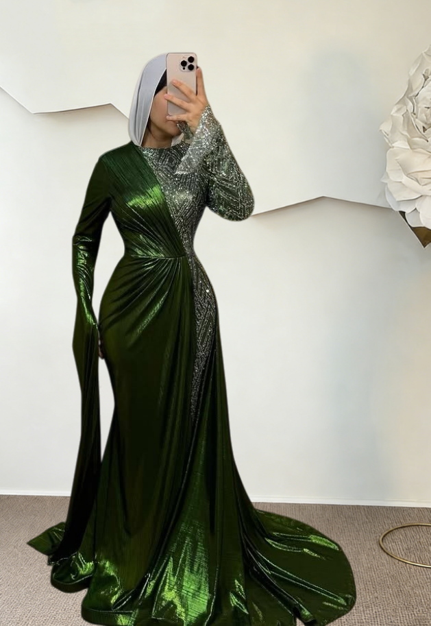 Retro Jewel Neck Mermaid Evening Dress Sequins Long Sleeve Prom Dress AP6221