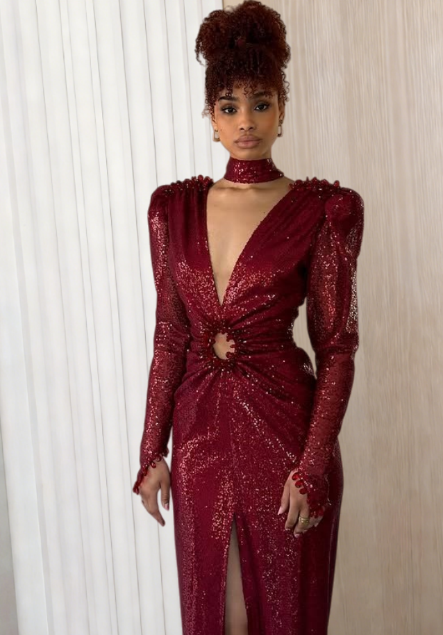 Boho-Inspired Sheath V Neck Red Evening Dress Long Sleeve Sequins High Slit Prom Dress AP6224