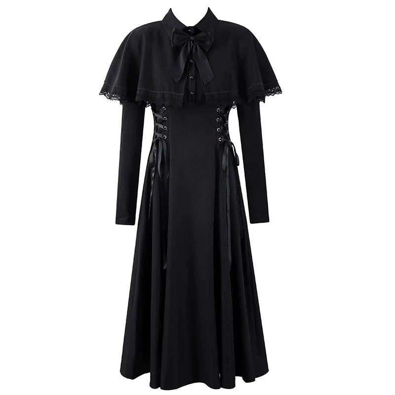 Superb Lace-Trim Capelet Side Lace-Up Maxi Dress Chic Black Gothic Bow Accent A-Line Long Dress AP6230