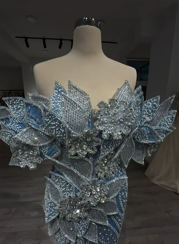 Avant-Garde Off-Shoulder Blue Mermaid Evening Dresses Beading Rhinestones Prom Dress AP6238