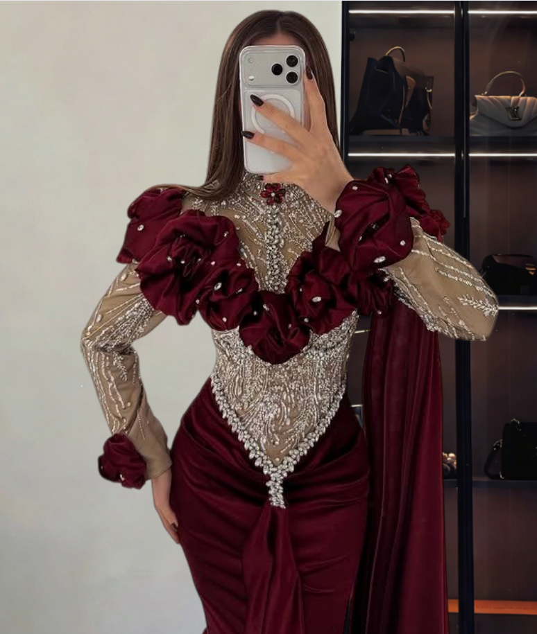 Fresh High Collar Ruffles Mermaid Evening Dress Beading Rhinestones Long Sleeve Prom Dress AP6240