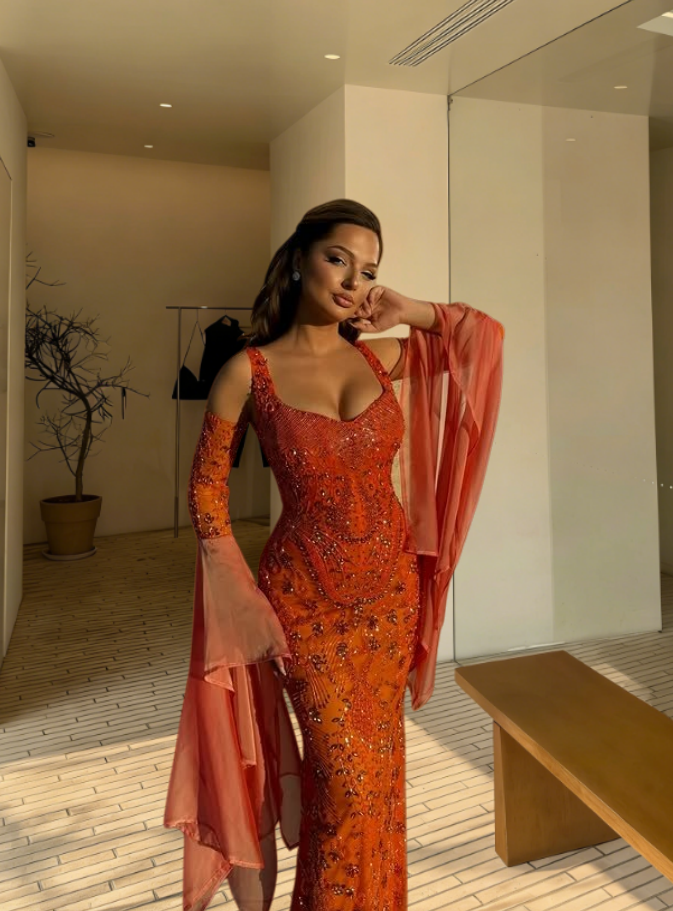 Romantic Spaghetti Straps Mermaid Evening Dresses Orange Sequins Prom Dress AP6247