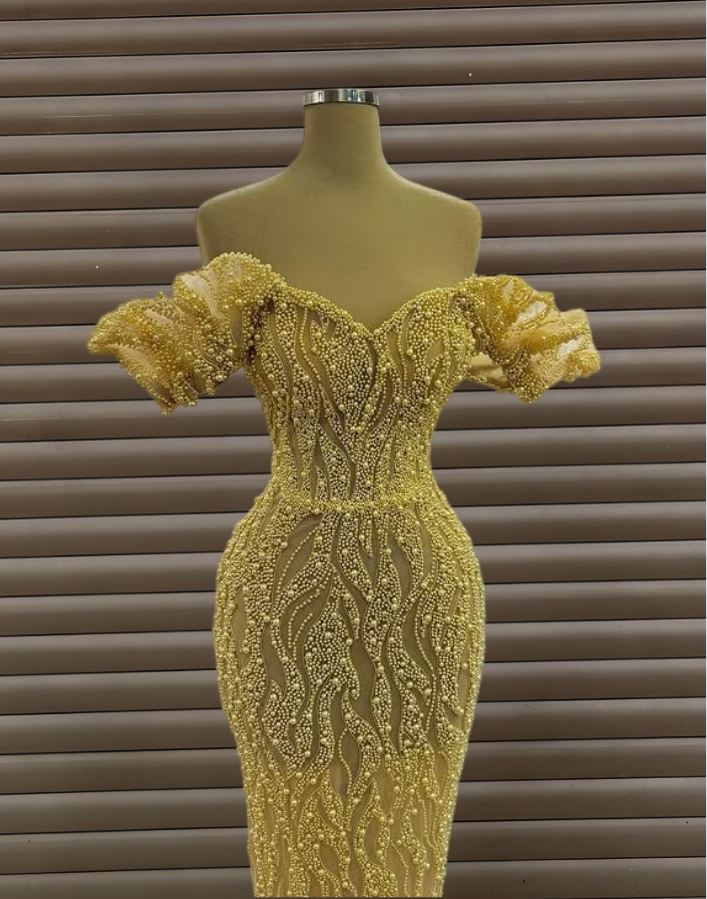 Ornate Ruffles Off-Shoulder Sheath Sweet 16th Dresses Beading Yellow Prom Dress AP6248