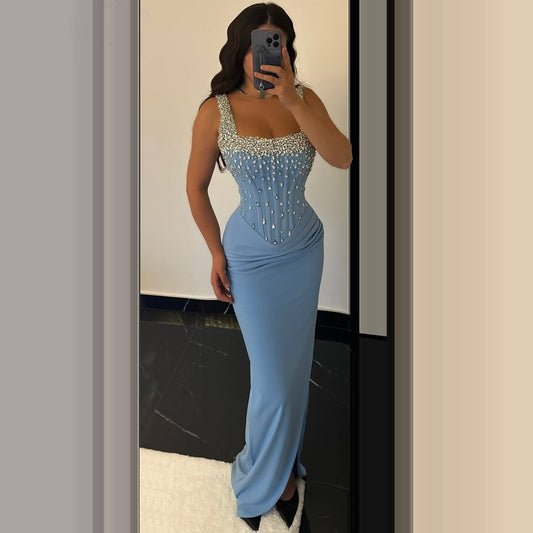 Graceful Sheath Spaghetti Strap Evening Dress Blue Crystals Prom Dress AP6253